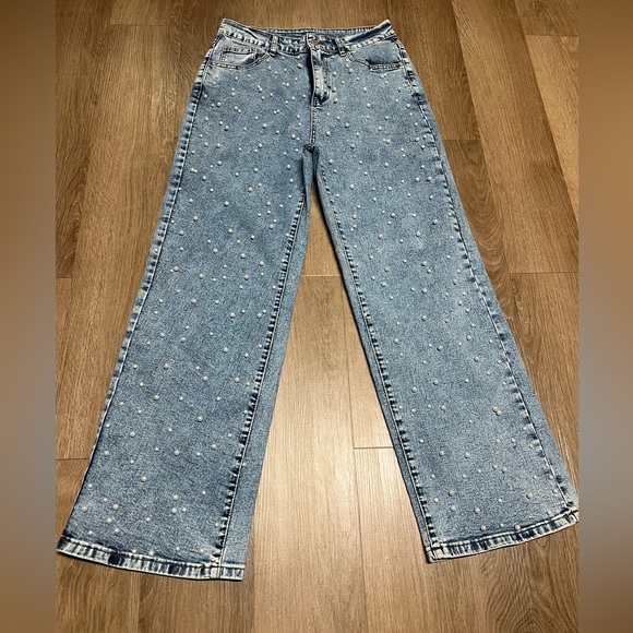 Denim - Light Blue Pearl-Embellished Wide-Leg Jeans M